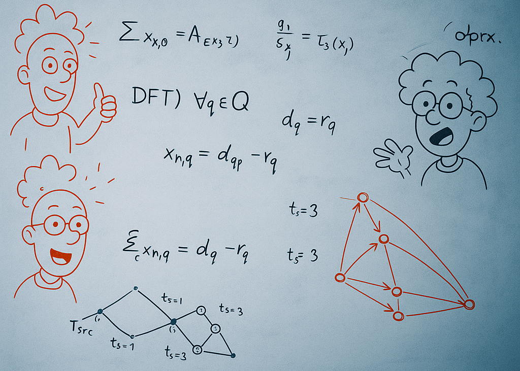 Formulas on a whiteboard that are accompanied by sketches and diagrams.